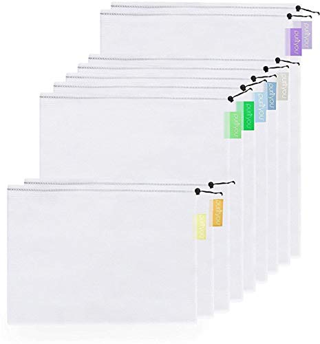 Product Cover purifyou Premium Reusable Mesh Produce Bags with Tare Weight Tags | Set of 9 | Superior Double-Stitched Strength | for Grocery Shopping, Fruits, Veggies, and Snack Bags | Washable