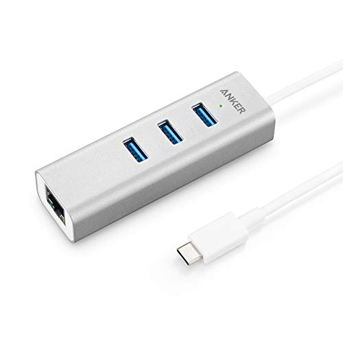 Product Cover Anker USB-C to 3-Port USB 3.0 Hub with Ethernet Adapter for USB Type-C Devices Including The New MacBook, iPad Pro 2018, ChromeBook Pixel and More (Silver Aluminum)