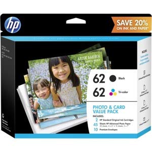Product Cover HP 62 Black & Tri-color Original Ink Cartridges with Photo Paper & Envelopes, 2 Cartridges (C2P04AN, C2P06AN) for HP ENVY 5540 5541 5542 5543 5544 5545 5547 5548 5549 5640 5642 5643 5644 5660 5661 5663 5664 5665 7640 7643 7644 7645 HP Offic