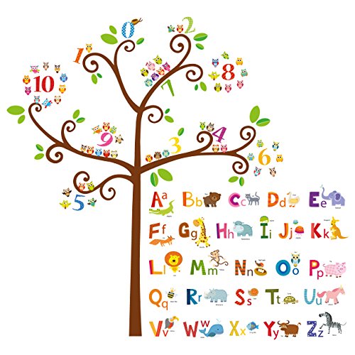 Product Cover DECOWALL DA-1503 Animal Alphabet ABC and Owl Numbers Tree Kids Wall Decals Wall Stickers Peel and Stick Removable Wall Stickers for Kids Nursery Bedroom Living Room
