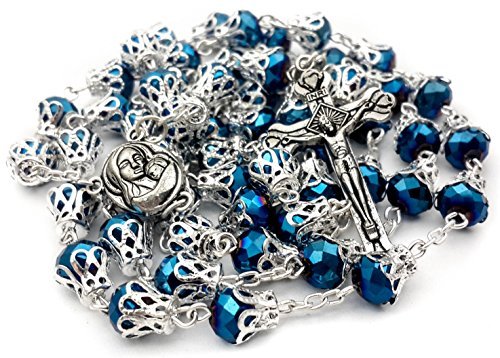 Product Cover Deep Blue Glass Crystal Beads Rosary Necklace Holy Soil Medal Silver Plated New in Box