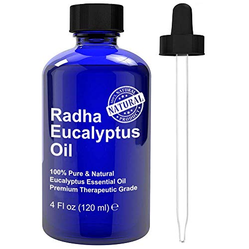 Product Cover Radha Beauty Eucalyptus Essential Oil 4 oz - 100% Pure & Therapeutic Grade, Steam Distilled for Aromatherapy, Relaxation, Shower, Sauna, Bath, Steam Room, Pain Relief, Congestion, Stress Relief