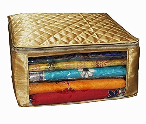 Product Cover Kuber Industries Saree Cover Large Size in Golden Satin Upto 20 Sarees/Wedding Gift