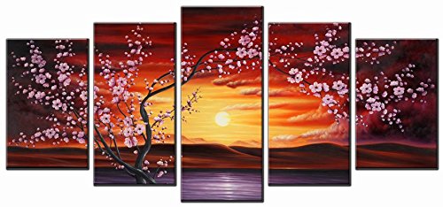 Product Cover Wieco Art - 5 Panels Plum Tree Blossom Modern Giclee Canvas Prints Flowers Artwork Contemporary Abstract Floral Paintings on Canvas Wall Art Home Decorations Wall Decor