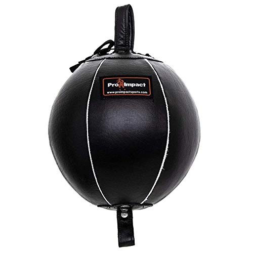 Product Cover Pro Impact Genuine Leather Double End Boxing Punching Bag - Speed Striking & Dodge Training Ball - Includes Cords & Hooks for Gym Workout MMA Muay Thai (7 Inch)