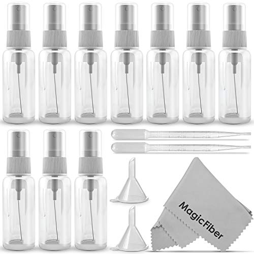 Product Cover (10 Pack) Empty 20ml (0.66oz.) Clear Plastic Mist Spray bottle + 2 Pipette Droppers and 2 Funnels + MagicFiber Microfiber Cleaning Cloth