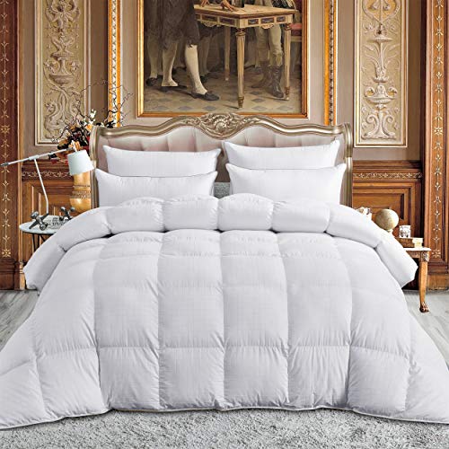 Product Cover Luxurious Full/Queen Size Goose Down Comforter Duvet Insert, Exquisite Dobby Checkered Design, 1200 Thread Count 100% Egyptian Cotton, 750+ Fill Power, 55 oz Fill Weight, Premium Baffle Box, White