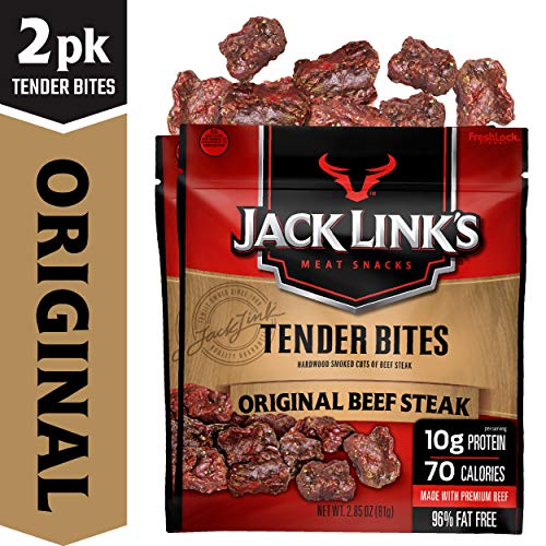 Product Cover Jack Link's Beef Tender Bites, Original Beef Steak, 2.85 oz Bag, Pack of 2 - On-the-Go, Poppable Meat Snack, Good Source of Protein, Made with 100% Beef, 10g of Protein Per Serving
