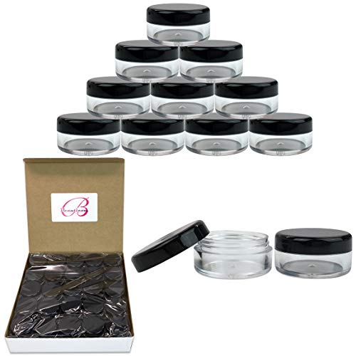 Product Cover 50 New empty 5 Gram (0.17 oz) Acrylic Round Jars - BPA Free Plastic Containers for Cosmetic, Lotion, Cream, Makeup, Bead, Eye shadow, Rhinestone, Samples, Pot, 5g/5ml (Black Lid 50 Jars)