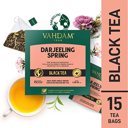 Product Cover VAHDAM Exotic Darjeeling First Flush Tea Leaves,15 Tea Bag, Long Leaf Pyramid Darjeeling Tea Bags, Aromatic & Flowery, 100% Pure Unblended First Flush Darjeeling Tea