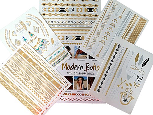 Product Cover Modern Boho 5 Sheets Metallic Tattoos Flash, Gold/Silver, Aztec Collection