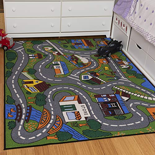Product Cover Ottomanson Jenny Collection Grey Base with Multi Colors Kids Children's Educational Road Traffic System Design(Non-Slip) Area Rug, 3'3
