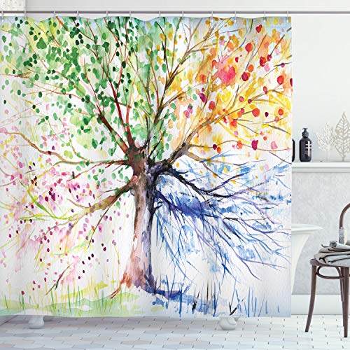 Product Cover Ambesonne Tree Shower Curtain, Watercolor Style Tree with Colorful Blooming Branches 4 Seasons Theme, Cloth Fabric Bathroom Decor Set with Hooks, 70