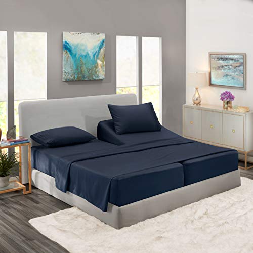 Product Cover Nestl Bedding Soft Sheets Set - 5 Piece Bed Sheet Set, 3-Line Design Pillowcases - Wrinkle Free - 2 Fit Deep Pocket Fitted Sheets - Free Warranty Included - Split King, Navy Blue