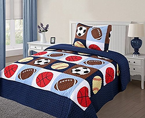 Product Cover Twin Size 2 Pcs Quilt Bedspread Set Kids Sports Basketball Football Baseball Boys Girls