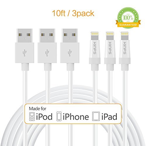 Product Cover [Apple MFI Certified]Kinps 10ft/3m Extra Long 8 pin Lightning Cable USB Cable Sync Charger Data Cord for Apple iPhone 5 / 5s / 5c / 6 / 6 Plus, iPod 7, iPad mini / mini 2/ mini 3, iPad Air / iPad Air 2 (10FT - 3pack)
