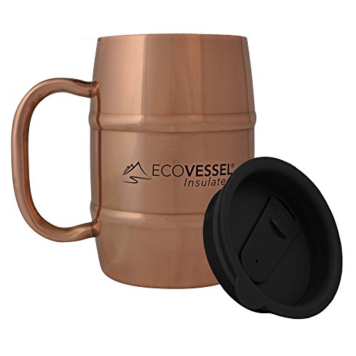 Product Cover EcoVessel Double Barrel Copper Double Wall Insulated Stainless Steel Beer/Coffee Mug with Lid - 16 Ounce - Copper w/Black Lid