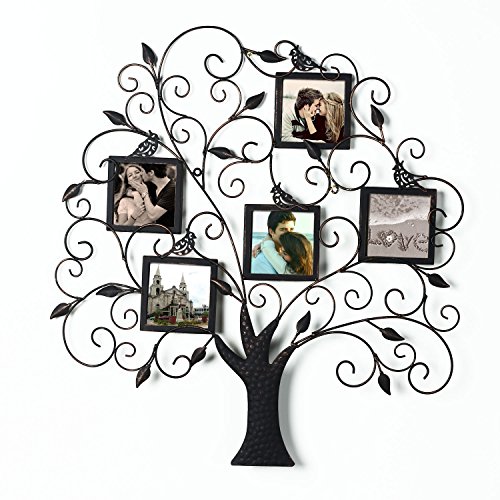 Product Cover Adeco Brown Black Decorative Tree Style Collage Iron Metal Wall Family Tree Scroll Haning Picture Photo Frame, 5 Opening, 4x4 Each