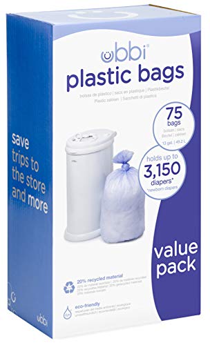 Product Cover Ubbi Disposable Diaper Pail Plastic Bags, Made with Recyclable Material, True Value Pack, 75 Count, 13-Gallon