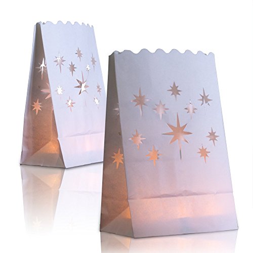 Product Cover 24 White Paper Lantern Luminary Bags - Perfect for Electric LED Tealights, Votives and Candles - Luminaries for Weddings, Party, Halloween, Lighted Pathways, Patio, Garden