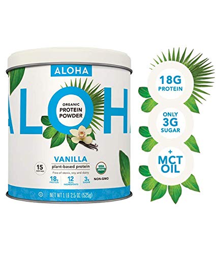 Product Cover ALOHA Organic Vanilla Plant Based Protein Powder with MCT Oil, 18.5 oz, 15 Servings, Vegan, Gluten Free, Non-GMO, Stevia and Erythritol Free, Soy Free, Dairy Free and Only 3g Sugar