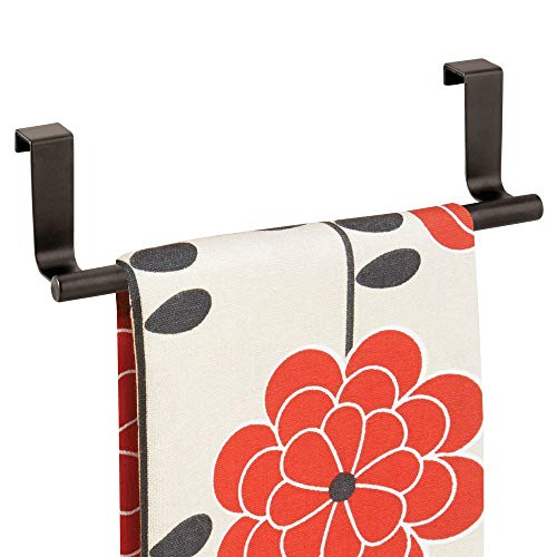 Product Cover mDesign Decorative Metal Kitchen Over Cabinet Towel Bar - Hang on Inside or Outside of Doors, Storage and Display Rack for Hand, Dish, and Tea Towels - Bronze