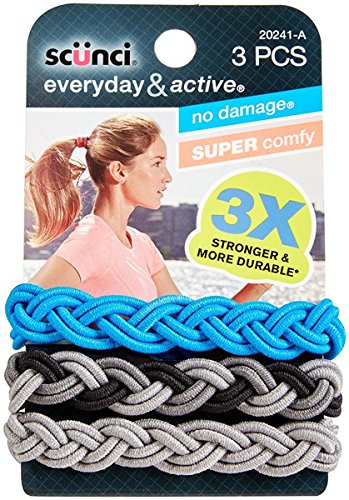 Product Cover Scunci Everyday and Active 3-Strand Braided Elastics , No Damage, Super Comfy, 3X Stronger (Assorted Colors) 3-PCS