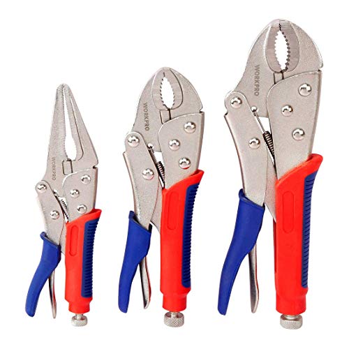 Product Cover WORKPRO 3-piece Locking Pliers Set, 10-inch Curved Jaw, 7-inch Curved Jaw and 6-1/2-inch Straight Jaw