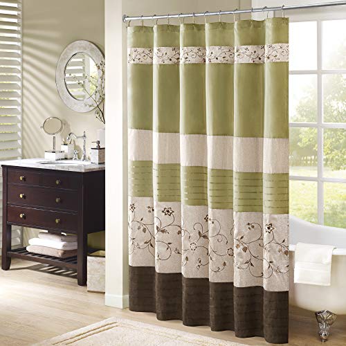 Product Cover Madison Park Serene Shower Curtain Faux Silk Embroidered Floral Machine Washable Modern Home Bathroom Decorations, 72x72, Green
