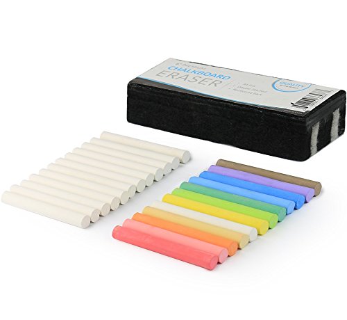 Product Cover Kedudes Non-Toxic White Dustless Chalk (12 ct box) and Colored Dustless Chalk (12 ct box) Bundle + Premium Chalkboard Eraser