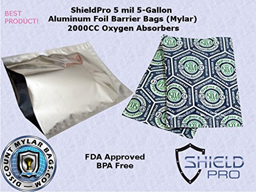 Product Cover (10) 5-Gallon 5 Mil ShieldPro Genuine Mylar Aluminum Foil Bags with (10) 2000cc Oxyfree Oxygen Absorbers for Long Term Food Storage