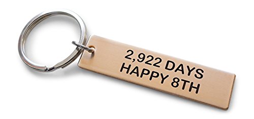 Product Cover Bronze Tag Keychain Engraved with 2,922 Days, Happy 8th; Handmade 8 Year Anniversary Couples Keychain