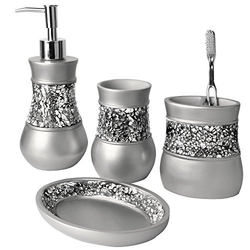 Product Cover Creative Scents Brushed Nickel Bathroom Accessories Set, 4 Piece Bath Ensemble, Bath Set Collection Features Soap Dispenser Pump, Toothbrush Holder, Tumbler, Soap Dish- Silver Mosaic Glass by Creative Scents