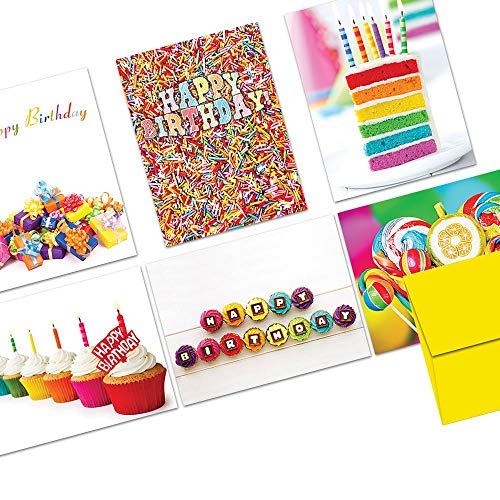 Product Cover Note Card Cafe Happy Birthday Card Assortment with Yellow Envelopes | 144 Pack | Colorful Birthday Designs | Blank Inside, Glossy Finish | Bulk Set for Greeting Cards, Occasions, Birthdays