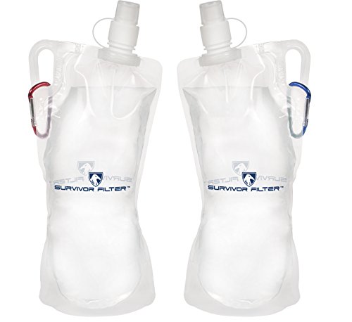 Product Cover Survivor Filter Collapsible Canteens (33oz) 2 Pack (2L Total) - Durable Carabiners and Handles. Squeeze Water Through a Filter or Use as Water Bottles. Light and BPA Free.