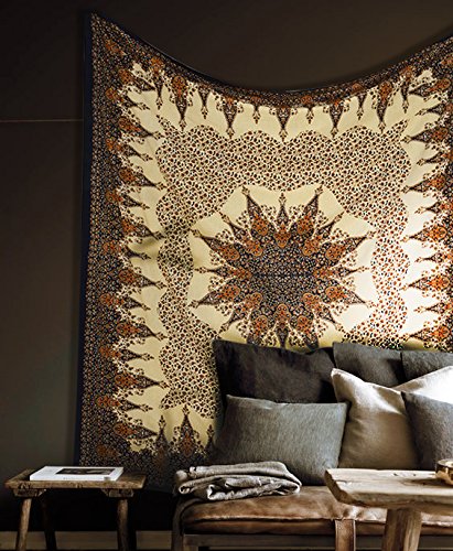 Product Cover Popular Handicrafts Hippie Mandala Intricate Floral Design Indian Bedspread Tapestry 84x90 Inches,(215cmsx230cms) Brown Black