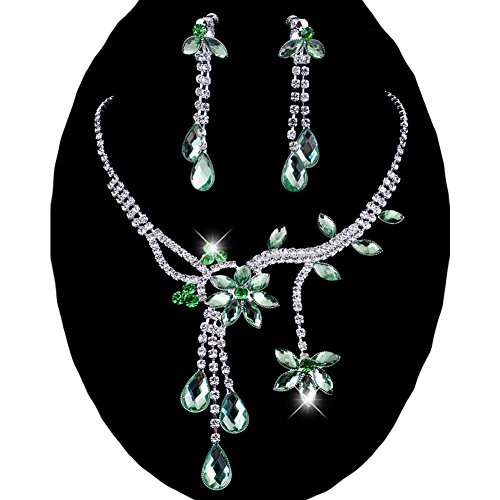Product Cover Chunlin Wedding Bridal Flower Leaf Rhinestone Crystal Necklace Drop Earrings Jewelry Set (Green)