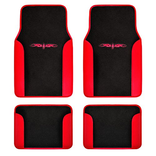 Product Cover BDK MT-201-RD A Set of 4 Universal Fit Plush Carpet with Vinyl Trim Floor Mats For Cars / Trucks - Tattoo Red