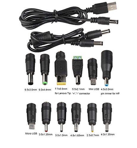 Product Cover Onite DC Famale 5.5x2.1mm jack to 12 Plugs / Connectors with 2 Male to Male Cables: 5.5X2.1mm to 5.5X2.1mm, USB 2.0 to 5.5X2.1mm for Notebook Laptop AC Power Charger Adapter (12 tips +2 cables)