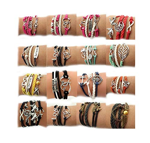 Product Cover Juanerjie Wholesale 16pcs Vintage Multilayer Multicolor Woven Leather Alloy Owl Braided Infinity Bracelets
