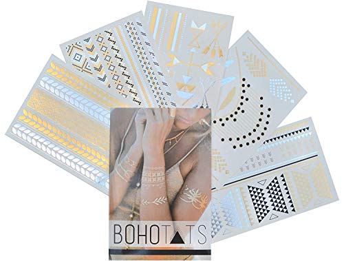 Product Cover BohoTats Tattoos - Set of 5 Sheets - Over 100+ Intricate Designs - Stunning Flash Metallic Boho Tattoos - Non Toxic - Quality Guarantee - Temporary Metallic Tattoos