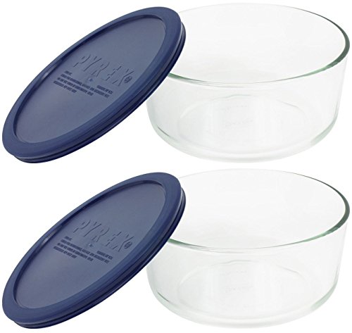 Product Cover Pyrex Storage 4-Cup Round Dish with Dark Blue Plastic Cover, Clear (Pack of 2 Containers)