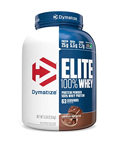 Product Cover Dymatize Elite 100% Whey Protein Powder, 25g Protein, 5.5g BCAAs & 2.7g L-Leucine, Quick Absorbing & Fast Digesting for Optimal Muscle Recovery, Chocolate Cake Batter, 5 Pound