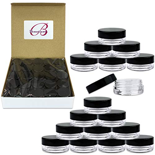Product Cover (100 Pcs) Beauticom 3G/3ML Round Clear Jars with Black Lids for Scrubs, Oils, Salves, Creams, Lotions - BPA Free