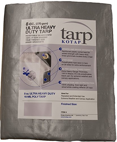 Product Cover Kotap TUH-1220 Finished Size Ultra Heavy-Duty 8 oz/16-mil Poly Tarp, 12' x 20', Reversible Silver/White