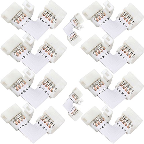 Product Cover L Shape 4 Pins Connector 10-pack JACKYLED 10mm Right Angle Corner Solderless Connector 12V 72W Clip for 3528/5050 SMD RGB Fireproof Material 4 conductor LED Strip Lights Strip to Strip (22Pcs Clips)