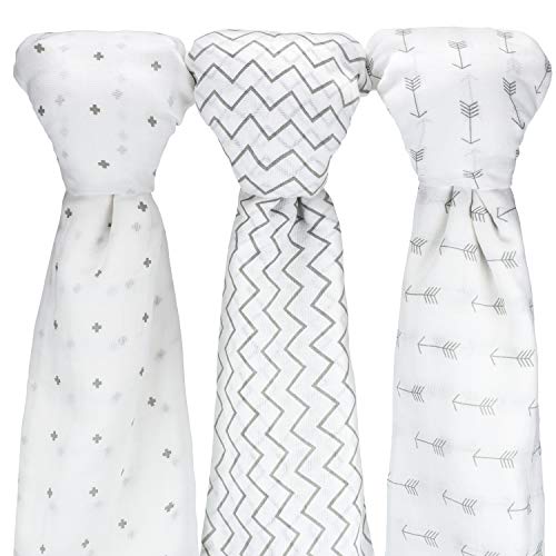 Product Cover Baby Muslin Swaddle Blankets, 47x47 3 Pack Chevron, Arrow, Cross, Grey/White