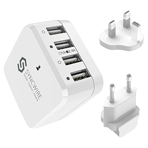 Product Cover Syncwire Travel Wall USB Plug 34W/6.8A 4-Port Fast Charger with US UK EU Adapter for Apple iPhone X/8/7/6S/Plus/6/5/SE iPad, Samsung Galaxy S , Note Series (White)