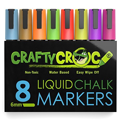 Product Cover Crafty Croc Liquid Chalk Markers, 8 Pack Bright Neon Colored Paint Pens with Reversible Nib on Each Pen