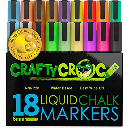 Product Cover Crafty Croc Liquid Chalk Markers, Jumbo 18 Pack, (Mom's Choice Award Gold Recipient), Neon Plus Earth Colors 6mm Reversible Tip, 2 Replacement Tips Included